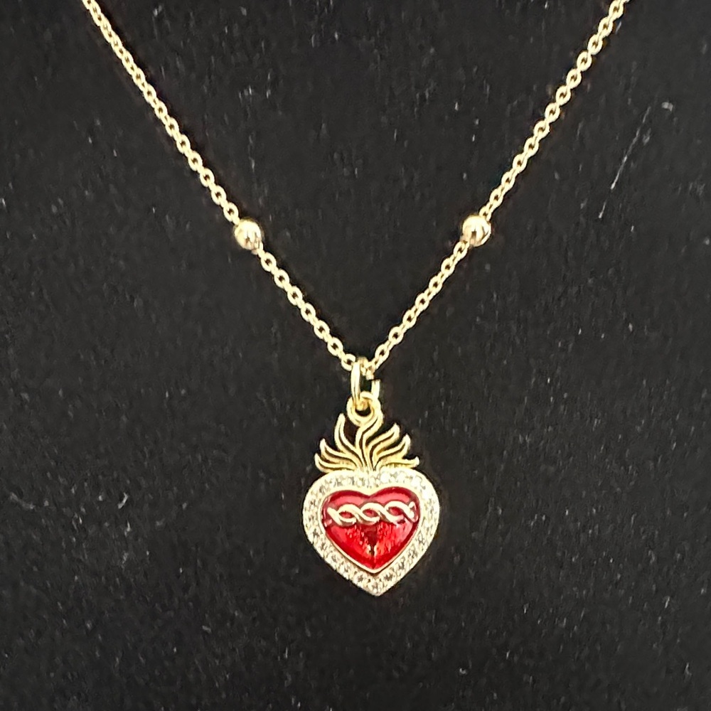 Gold Heart Pendant Necklace with Red Accents